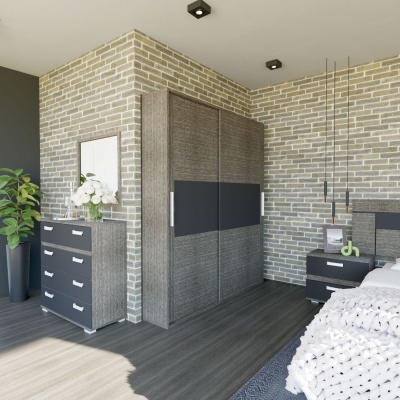 Quarto com mobiliário moderno em madeira cinzenta, armário, cómoda, mesa de cabeceira e parede de tijolo