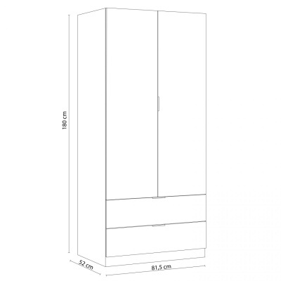 Armário branco com duas portas e duas gavetas, vista frontal com medidas.