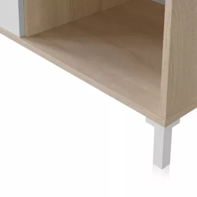 Pé de móvel em madeira clara com suporte branco