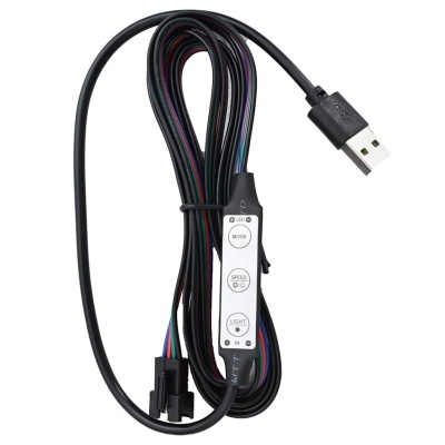 Cabo USB preto com controlador LED branco e botões, fios coloridos e conector preto