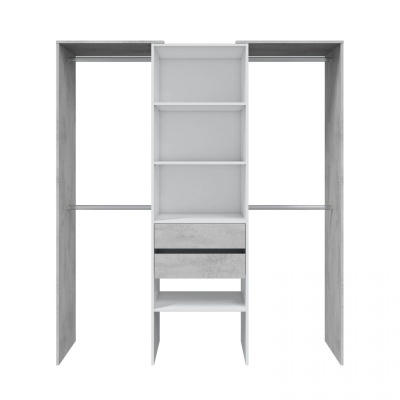 Roupeiro modular branco e cinza com prateleiras e gavetas