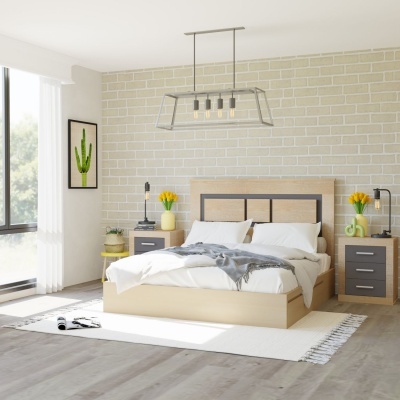 Quarto com cama de madeira clara, mesas de cabeceira e decoração moderna