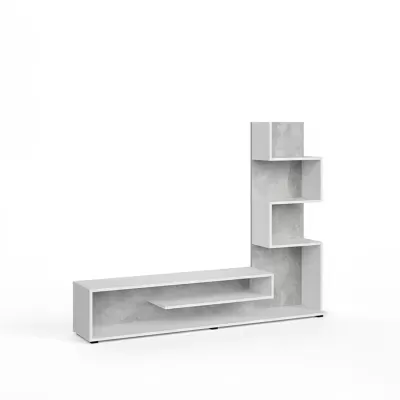 Móvel para televisão em estilo moderno com acabamento branco e textura cinza