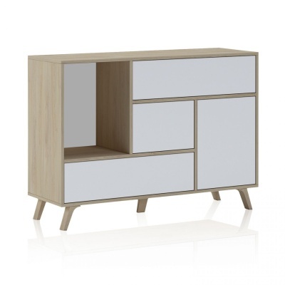 Móvel de madeira clara com gavetas e portas brancas e pernas inclinadas