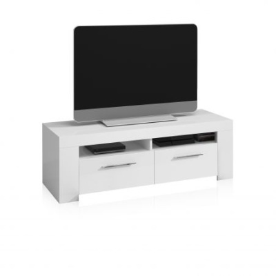 Móvel branco para televisão com gavetões e compartimentos superiores