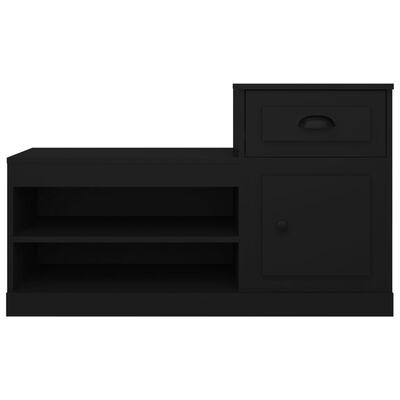 Móvel preto com prateleiras, gaveta e porta