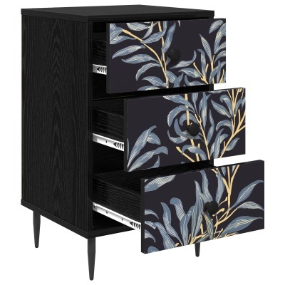 Cômoda preta com gavetas decoradas com padrão floral