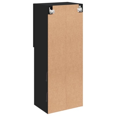 Armário preto com portas de madeira clara e dobradiças metálicas no topo