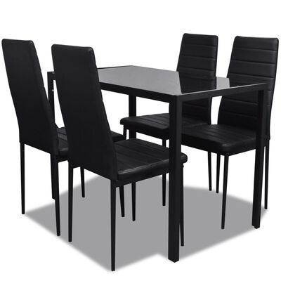 Conjunto de mesa de jantar preta com quatro cadeiras estofadas pretas