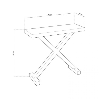 Desenho técnico de mesa de madeira com pernas em X e medidas