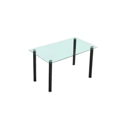 Mesa com tampo de vidro e pés pretos cilíndricos.