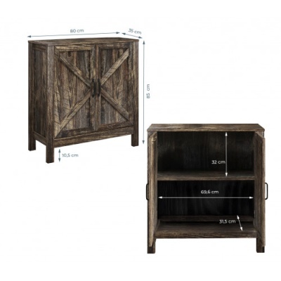 Móvel de madeira rústica escura com portas decorativas e compartimentos