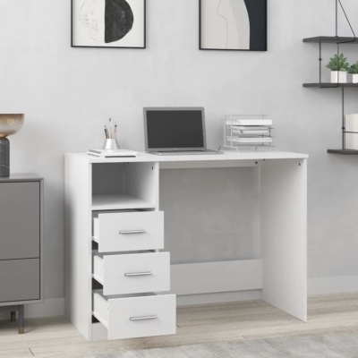 Secretária branca com gavetas abertas e computador num ambiente de escritório minimalista.