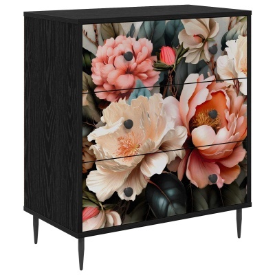 Cómoda preta com gavetas decoradas por flores grandes e coloridas em tons de rosa, branco e laranja.