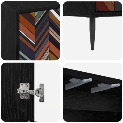 Móvel preto com padrão geométrico colorido na porta e pernas pretas cónicas