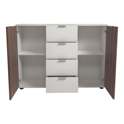 Móvel de arrumação branco com portas castanho escuro e gavetas