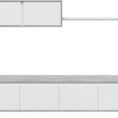 Móvel de televisão branco com tampo cinzento imitação betão e prateleira superior com portas de vidro fosco