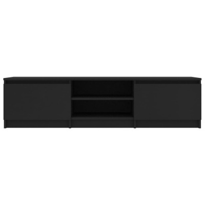 Móvel de televisão preto minimalista com portas e prateleiras abertas.