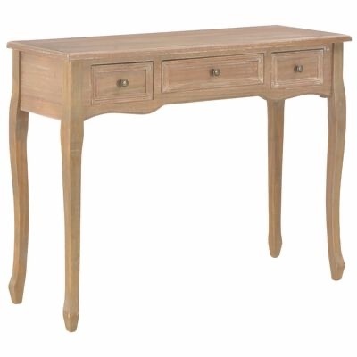 Mesa de madeira clara com três gavetas e pernas curvas
