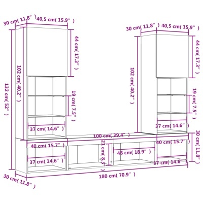Desenho técnico de móvel branco com portas e prateleiras, com medidas em cm e polegadas