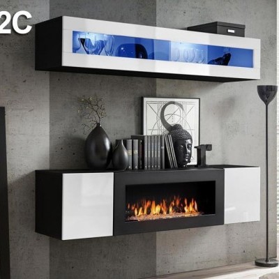 Móvel de parede moderno com lareira embutida e vitrines em vidro azul