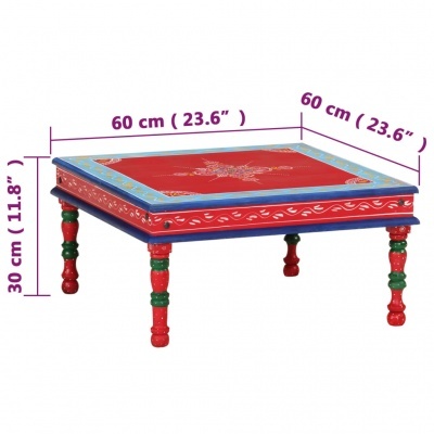 Mesa de madeira quadrada colorida com dimensões em cm e polegadas