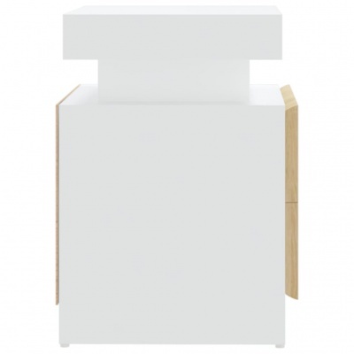 Móvel branco com laterais em madeira clara e design minimalista num fundo branco