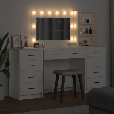 Móvel de maquilhagem branco com espelho iluminado e banco preto em ambiente interior