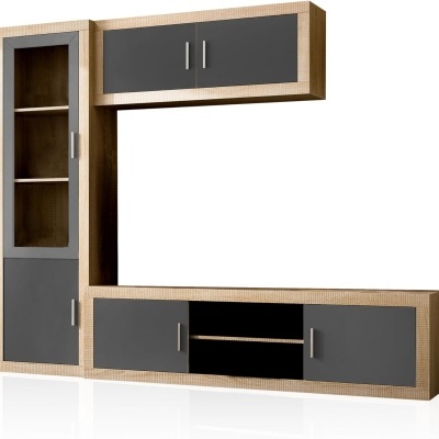 Móvel de sala modular em madeira clara e cinza escuro com porta de vidro.