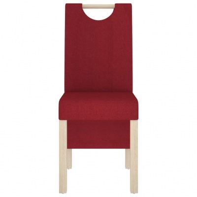 Cadeira vermelha estofada com estrutura de madeira clara