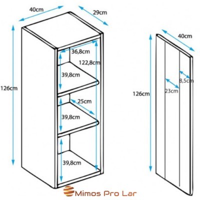 Desenho técnico de estante em madeira com dimensões