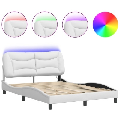 Cama branca com cabeceira almofadada e iluminação LED colorida