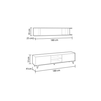 Desenho técnico de conjunto de móvel para TV em branco com medidas em centímetros.