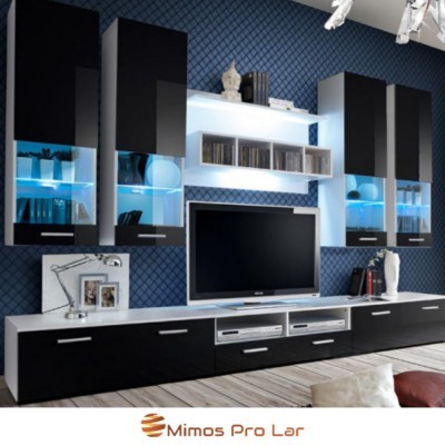 Móvel de sala de estar preto e branco com iluminação azul e TV no centro