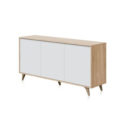 Aparador em madeira clara com portas brancas e pés cónicos