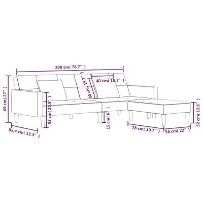 Desenho técnico de sofá-cama com chaise longue e dimensões em centímetros e polegadas