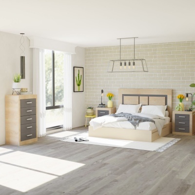 Quarto moderno com cama e móveis em madeira clara e cinza