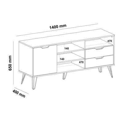 desenho técnico de móvel de consola branco com portas, gavetas e prateleiras com dimensões