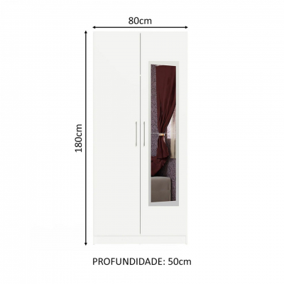 Guarda-roupa branco de duas portas com espelho e medidas indicadas