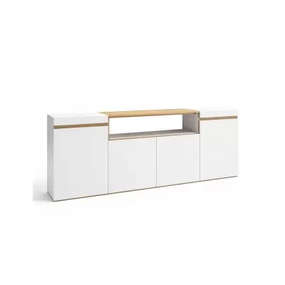 Móvel de armazenamento branco com detalhes em madeira clara