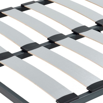 Estrado de cama com lâminas flexíveis em madeira clara e suportes pretos