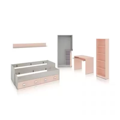 Conjunto de mobiliário infantil rosa e branco com cama, secretária, armário e estante