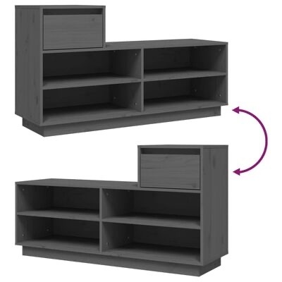 Móvel de madeira cinzenta modular com prateleiras e porta de correr