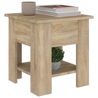 Mesa de apoio quadrada de madeira clara com plantas e livros