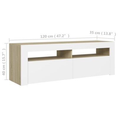 Móvel de TV em madeira clara com portas brancas e medidas indicadas