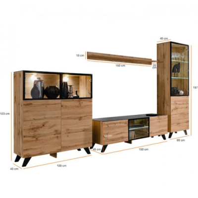 Conjunto de móveis para sala em madeira clara com vidro e iluminação