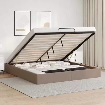 Cama com estrado elevatório e espaço de arrumação num quarto moderno