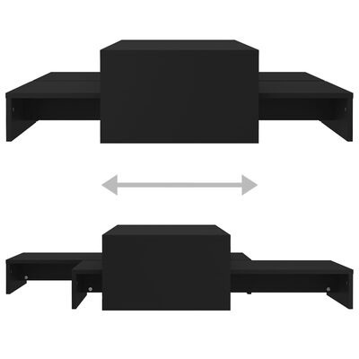 Móvel de suporte para televisão extensível preto com três superfícies retangulares.