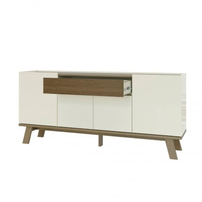 Móvel de armazenamento branco com gaveta castanha aberta e pés inclinados em madeira clara