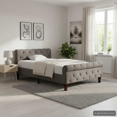 Quarto com cama estofada cinza e decoração minimalista clara